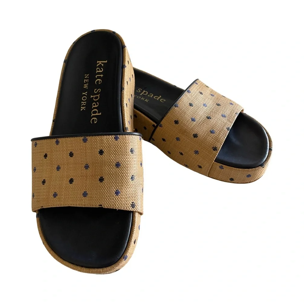 Kate Spade New York Breeze Raffia Platform Slide Sandals Polka Dot Wedge - Picture 11 of 11